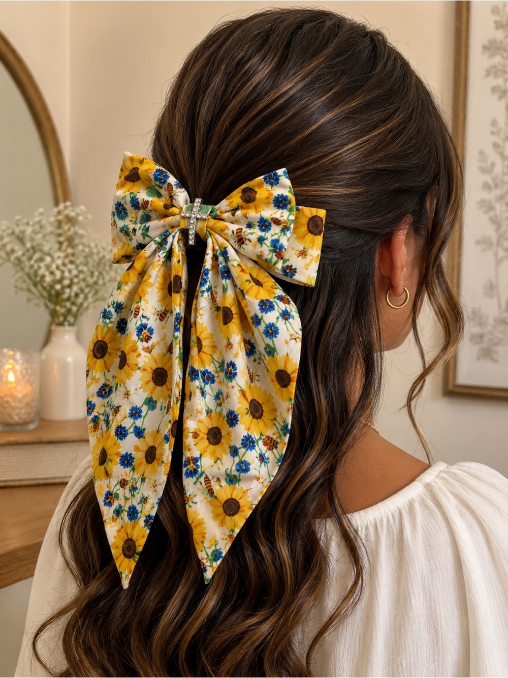 Yellow Sunflower Floral Bow Hair Clip with Rhinestone Accent